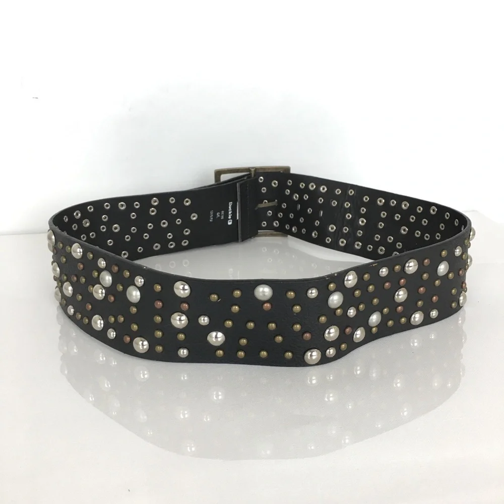 Buckle Wide Studded Statement Belt Black Faux Leather Women’s Size Large